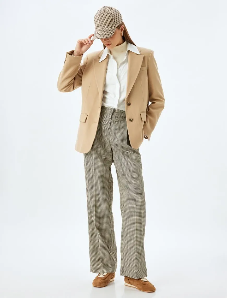  - Düşük Bel Bol Paça Ekose Kumaş Pantolon