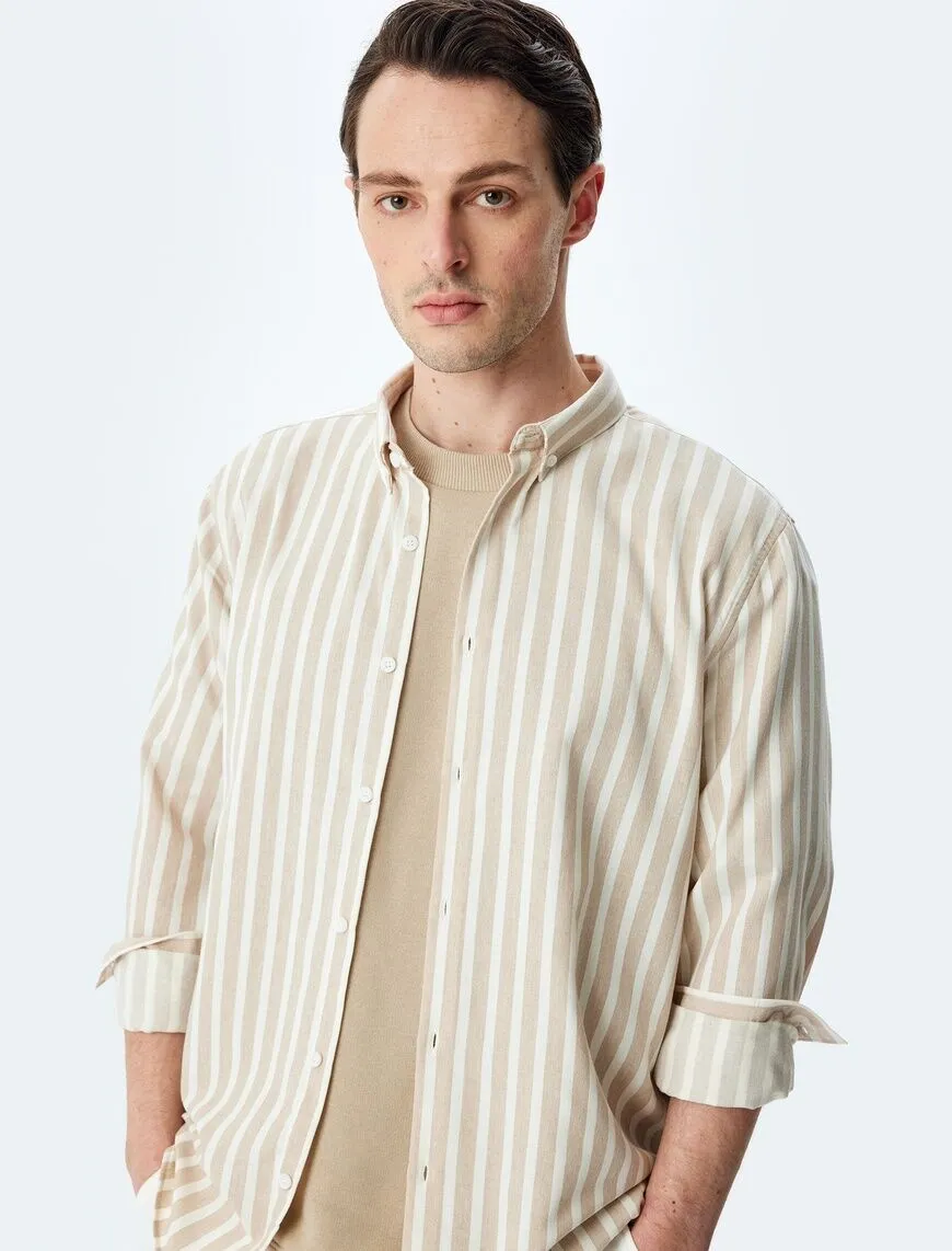 Çizgili Uzun Kollu Düğmeli Yaka Slim Fit
