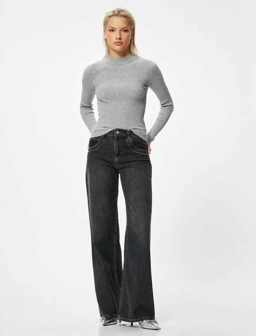 Dik Yaka Basic Fitilli Uzun Kollu Triko